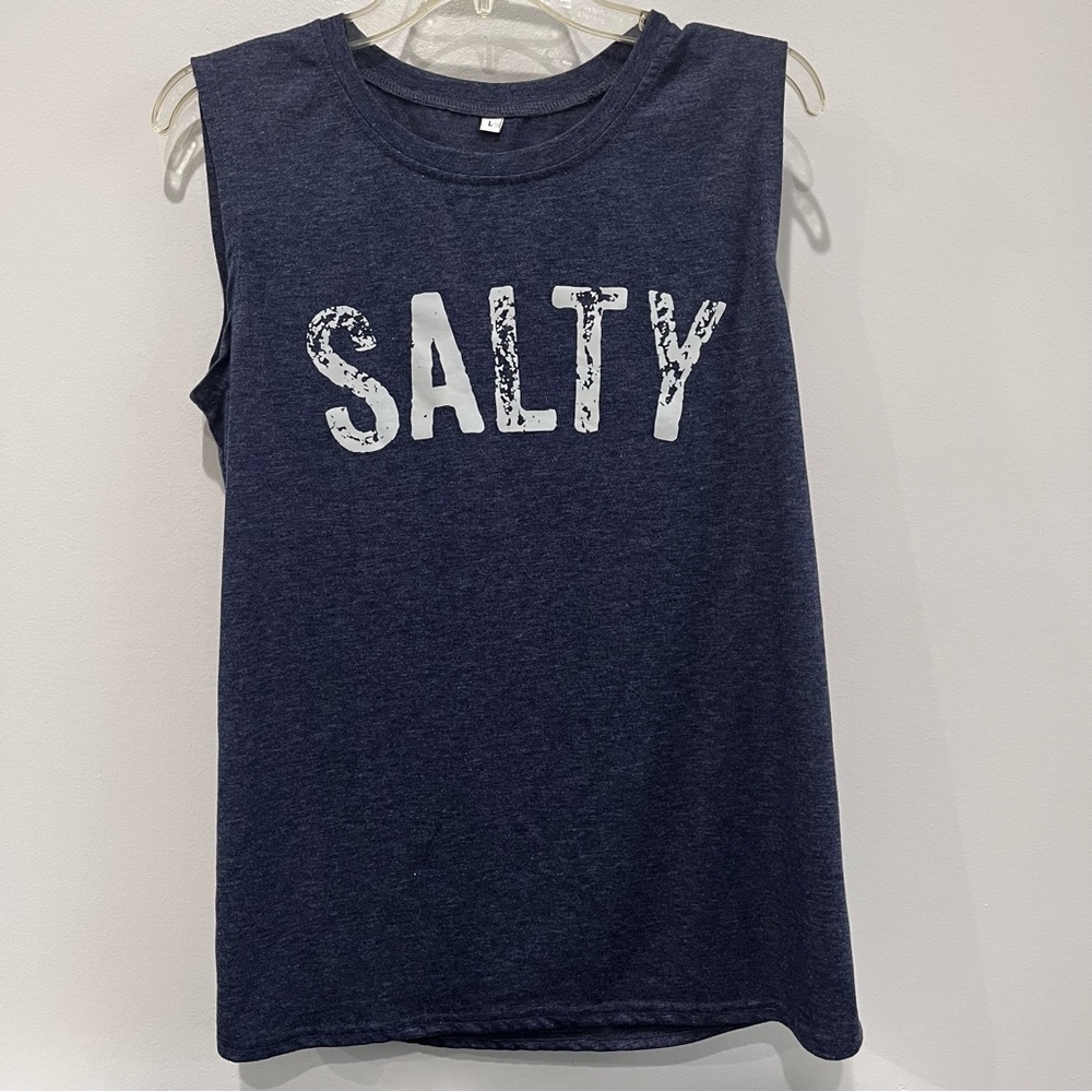 🌷3 Tops for $18 - Unisex Salty Graphic Muscle Tank - Navy Blue, Size Lg